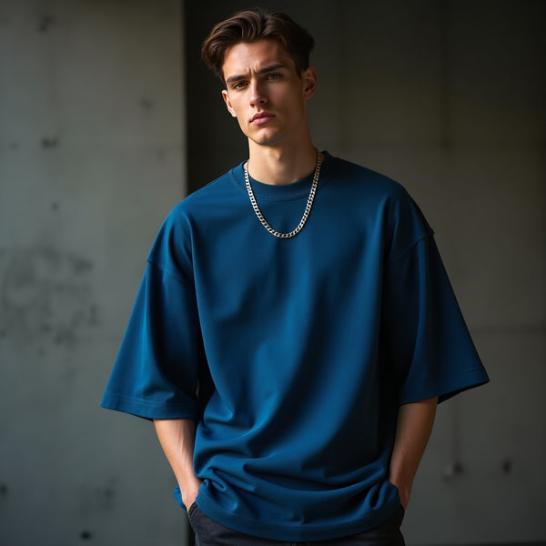 Petrol Blue Solid Oversized T-Shirt